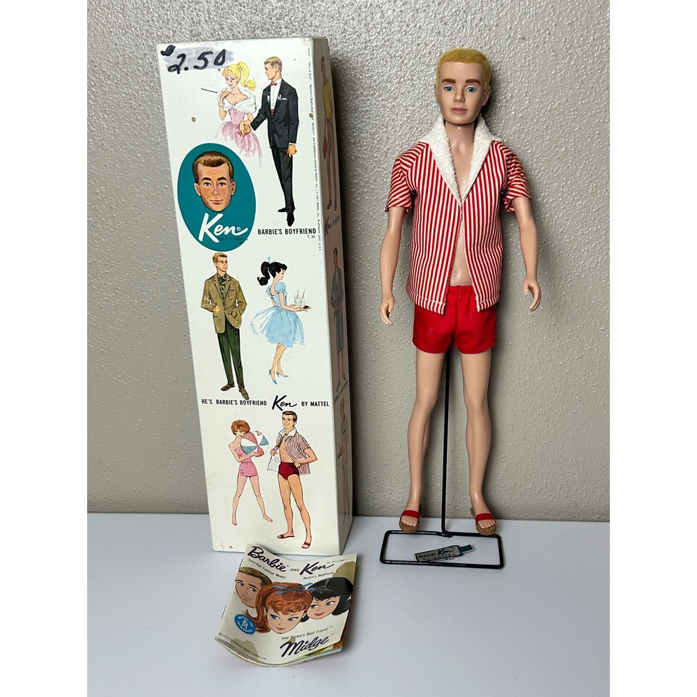 Mattel Ken Doll Flocked Blonde Hair Vintage 1961 Original Box Stand Booklet 750